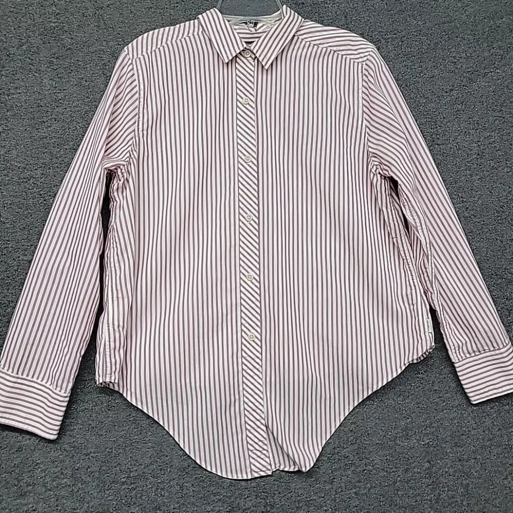 Eddie Bauer Women's Striped Full Button Front Shirt Blouse High-Lo Sz. Large